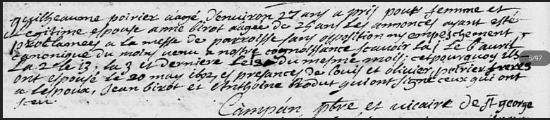 MARIAGE DE SES PARENTS POIRIER GUILLAUME ET BIROT ANNE - AD 17