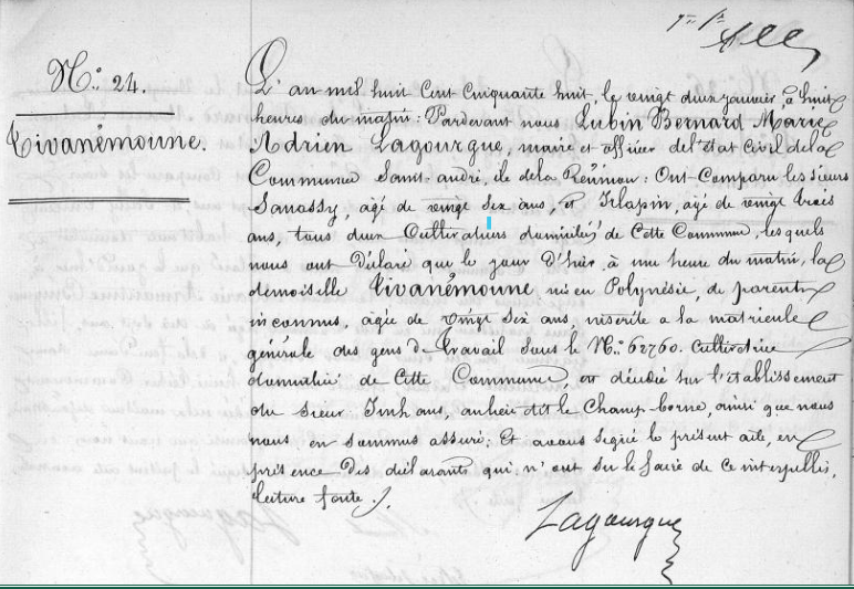 ACTE DE DECES N°24 D'UNE ENGAGEE POLYNESIENNE - ANOM - ST ANDRE