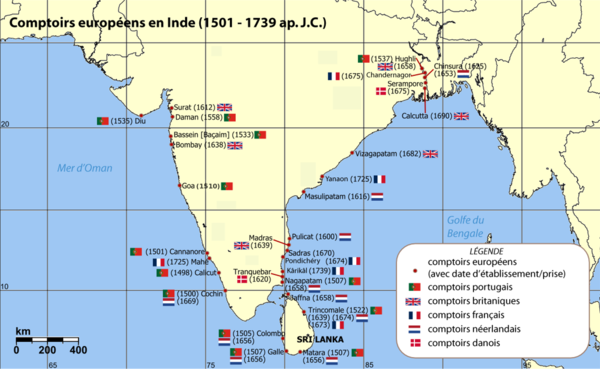 CARTE DES COMPTOIRS EUROPEENS EN INDE 