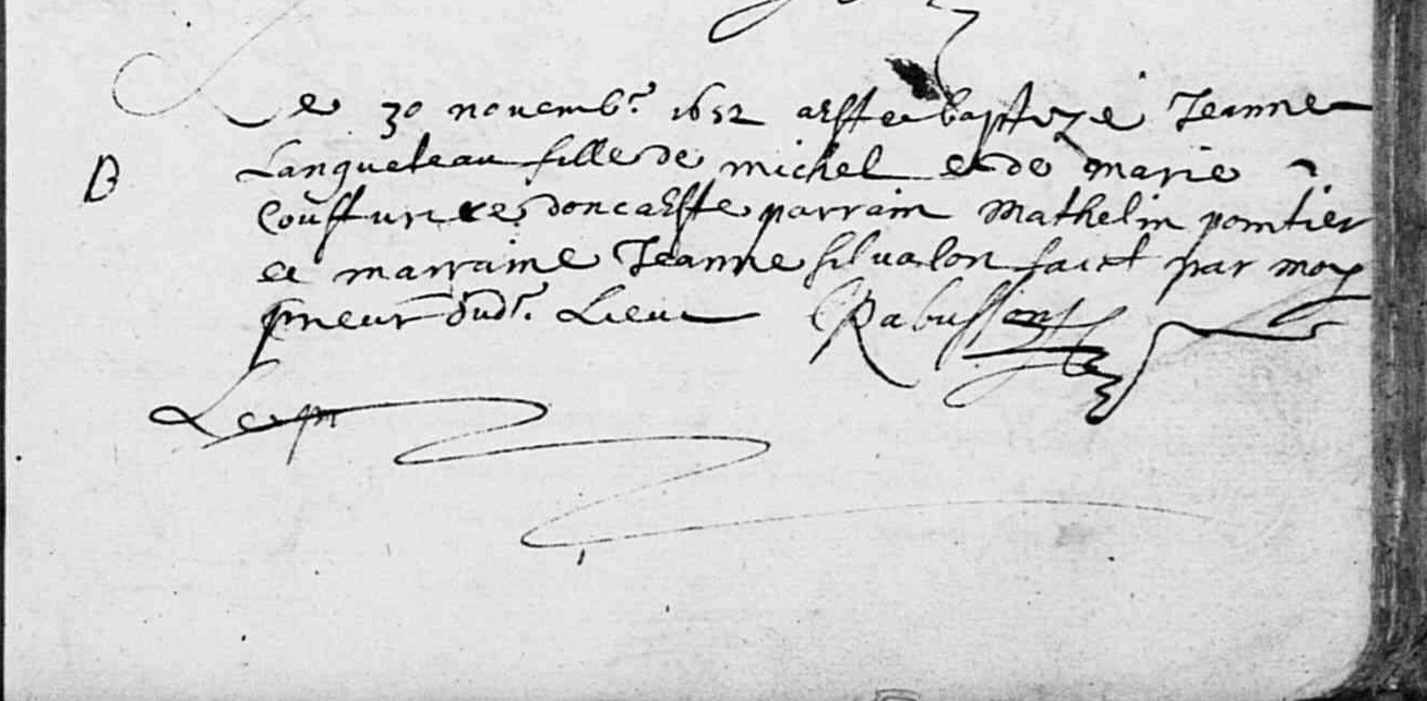 ACTE DE NAISSANCE DE LA MERE DE JEAN PELLETIER - AD 17