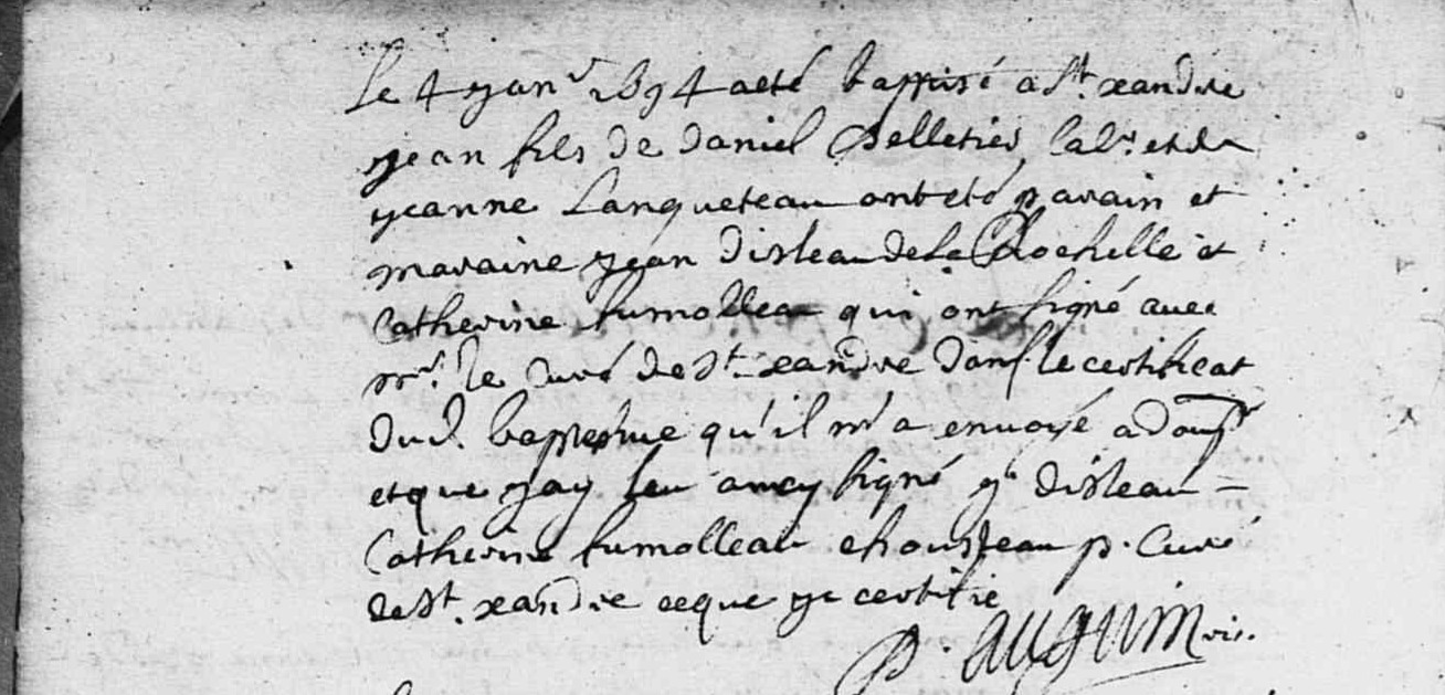 ACTE DE NAISSANCE DE JEAN PELLETIER - AD 17