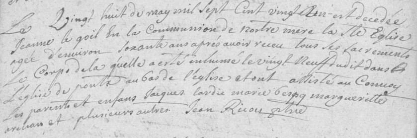 ACTE DE DECES DE JEANNE LE GOUILL - AD 29