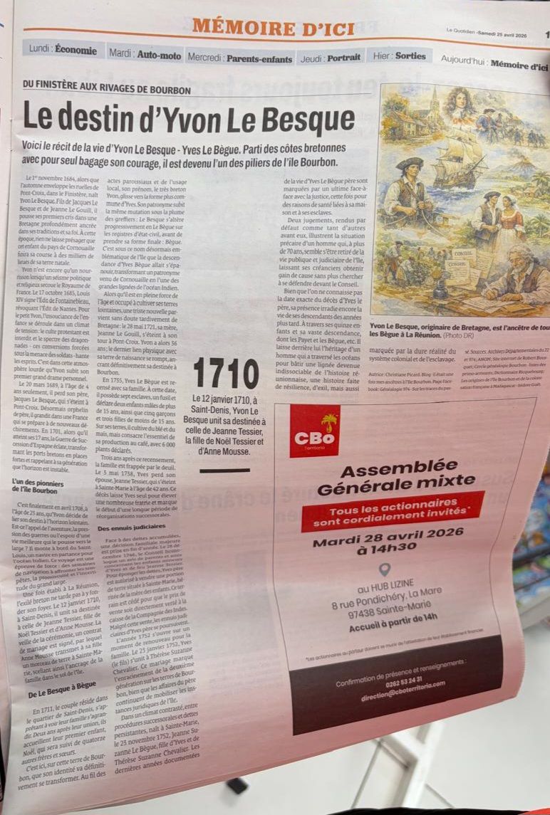 MON ARTICLE SUR LE BESQUE YVON EST PARU LE 25 AVRIL 2026 SUR LE QUOTIDIEN DE LA REUNION