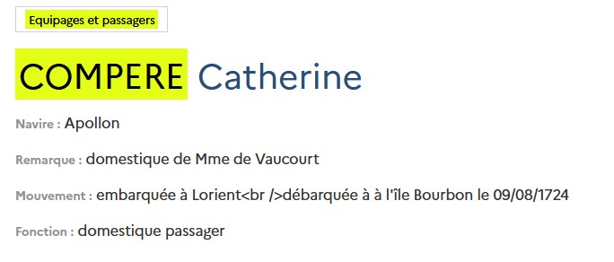 PASSAGERE COMPERE MATHURINE SUR LE NAVIRE APOLLON - SITE LA MEMOIRE DES HOMMES