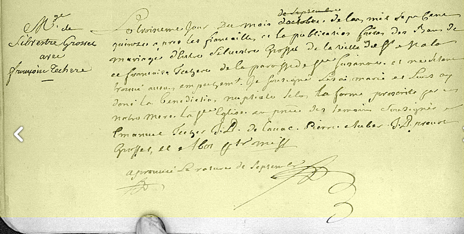 ACTE DE MARIAGE DE SYLVESTRE GROSSET ET DE FRANCOISE TECHER - AD 974
