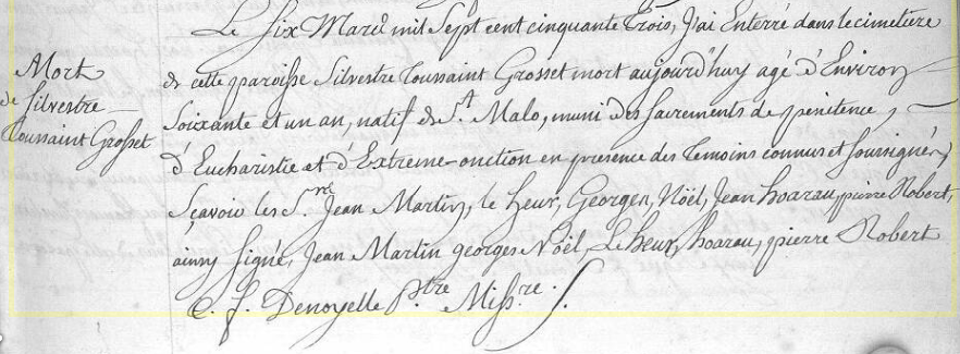 ACTE DE DECES DE SYLVESTRE GROSSET - ANOM