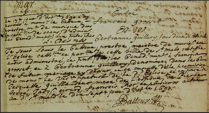 ACTE DE MARIAGE DE SES PARENTS FRANCOIS GROSSET ET BERTRANNE GUILLERY - AD 35