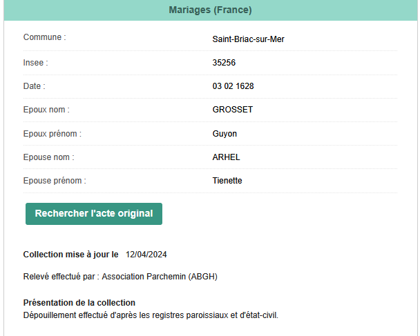 MARIAGE DE SON ARRIERE GRAND PERE GUYON GROSSET - AD 35