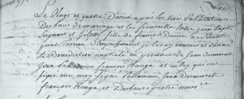 ACTE DE MARIAGE DE JEAN SOUHETMANE/SOIGMANT ET DE GILETTE - ANOM